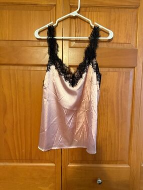 Silky Pink Lace-Trim Tank Blouse